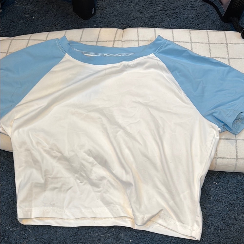 Blue and White Raglan Crop Top